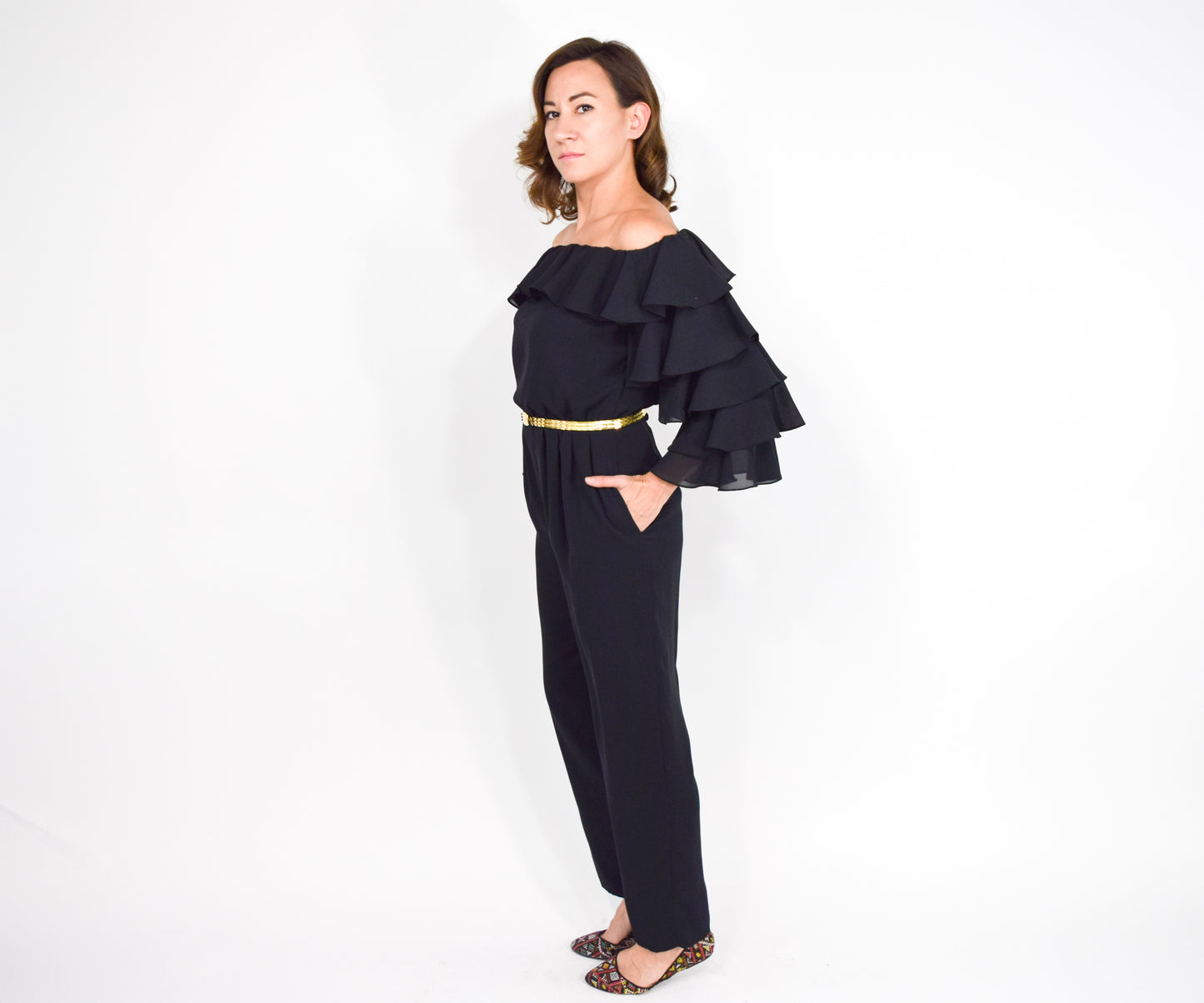 1970s Mignon Black Ruffle Sleeve Jumpsuit, Small
