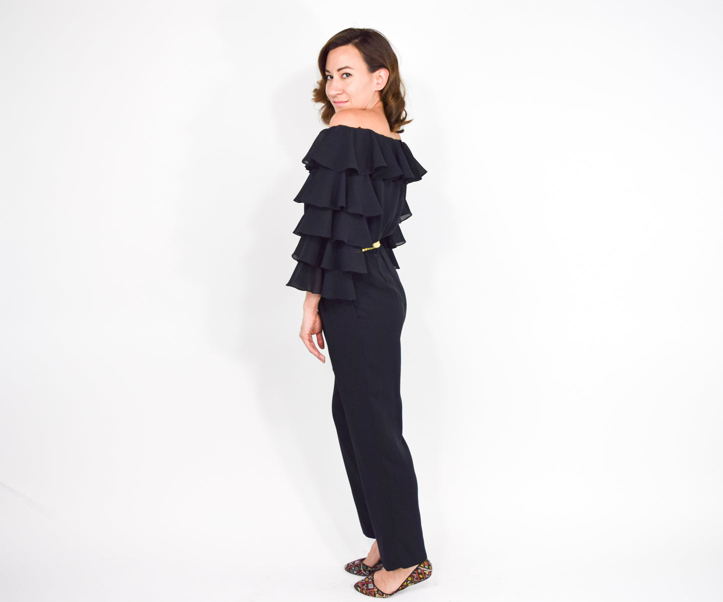1970s Mignon Black Ruffle Sleeve Jumpsuit, Small