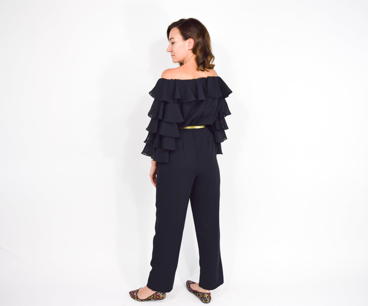 1970s Mignon Black Ruffle Sleeve Jumpsuit, Small