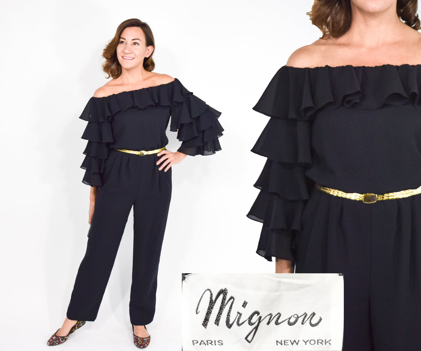 1970s Mignon Black Ruffle Sleeve Jumpsuit, Small