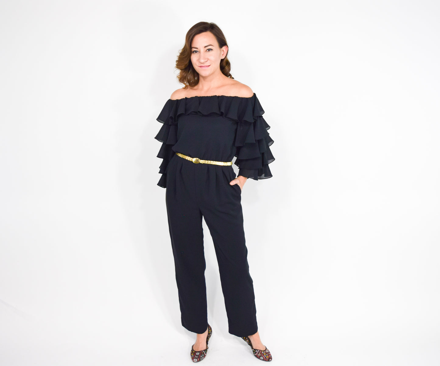 1970s Mignon Black Ruffle Sleeve Jumpsuit, Small