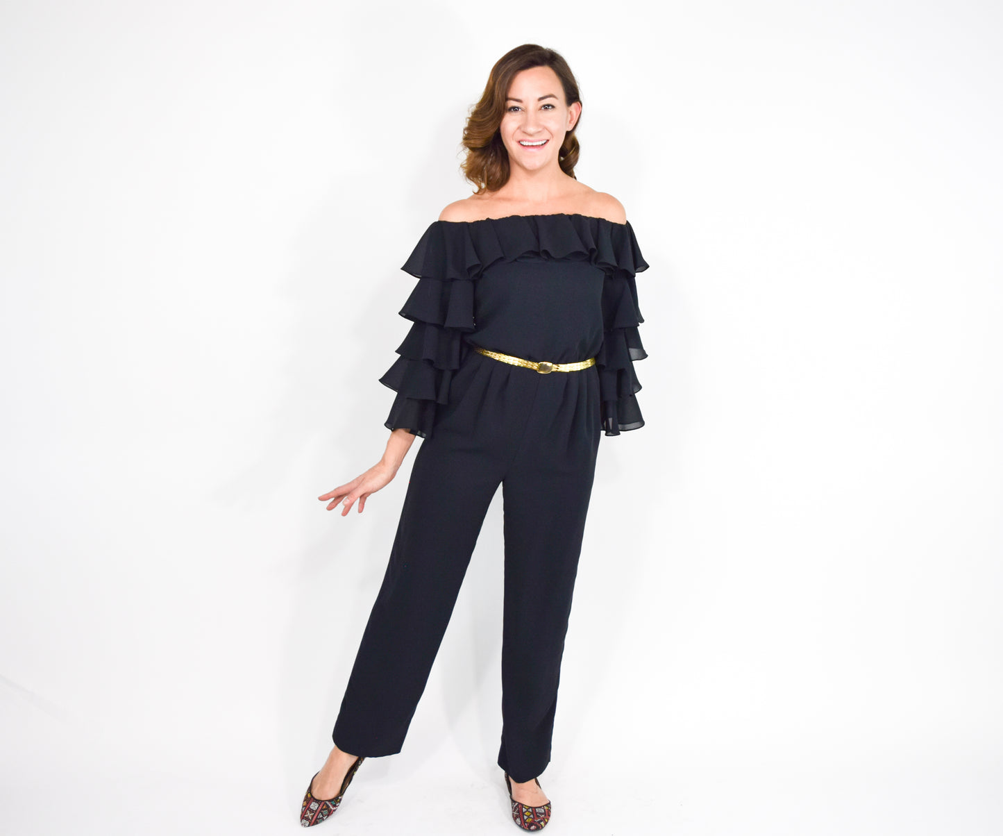 1970s Mignon Black Ruffle Sleeve Jumpsuit, Small