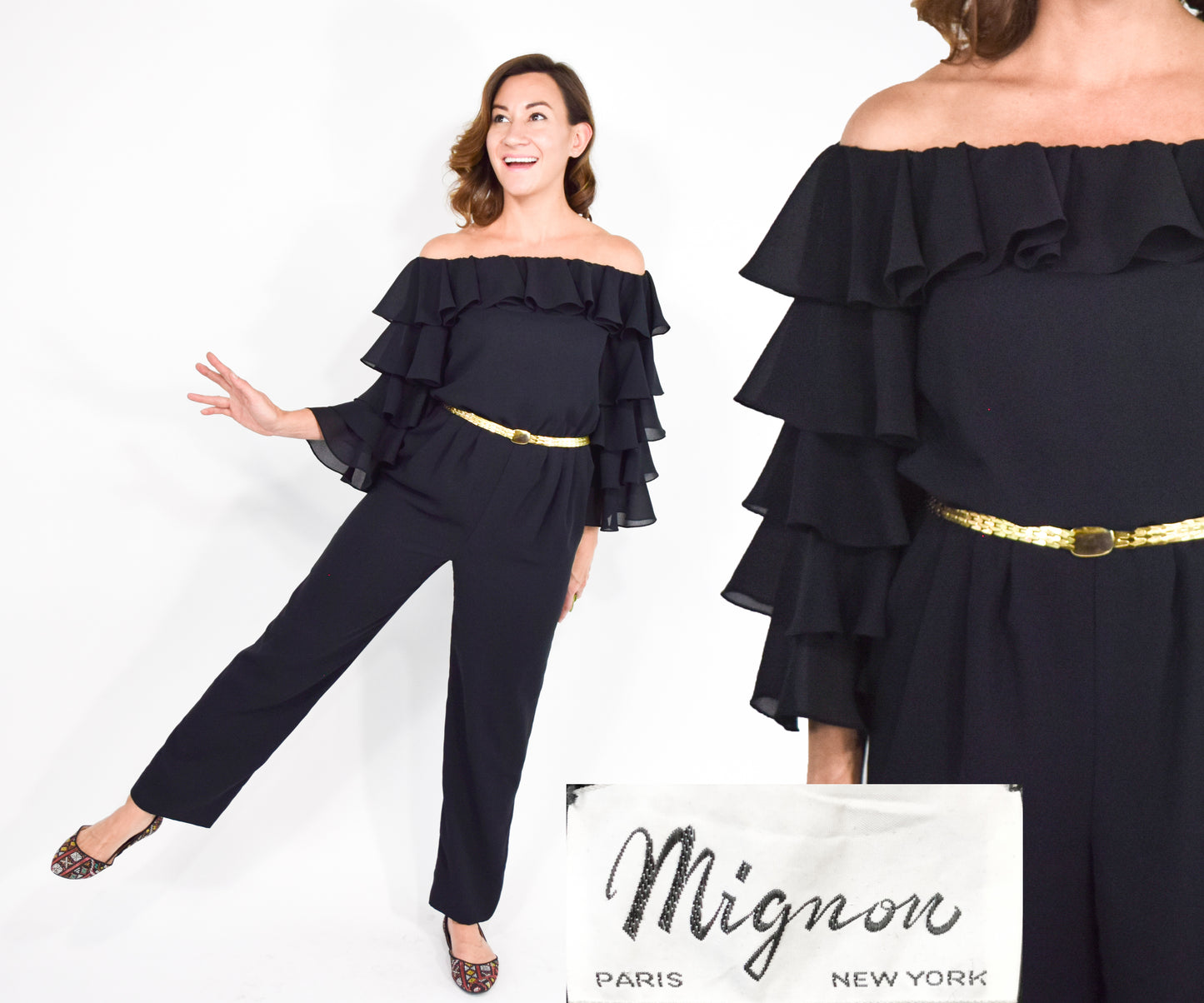 1970s Mignon Black Ruffle Sleeve Jumpsuit, Small
