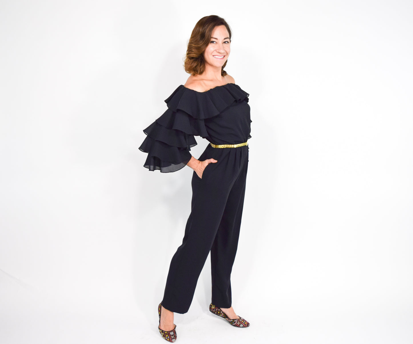 1970s Mignon Black Ruffle Sleeve Jumpsuit, Small