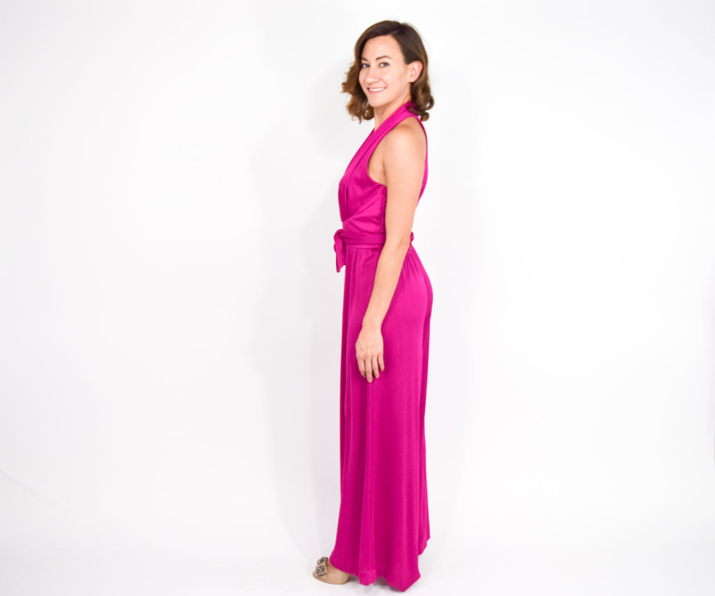 1970s Hot Pink Fuchsia Jersey Jumpsuit, Medium