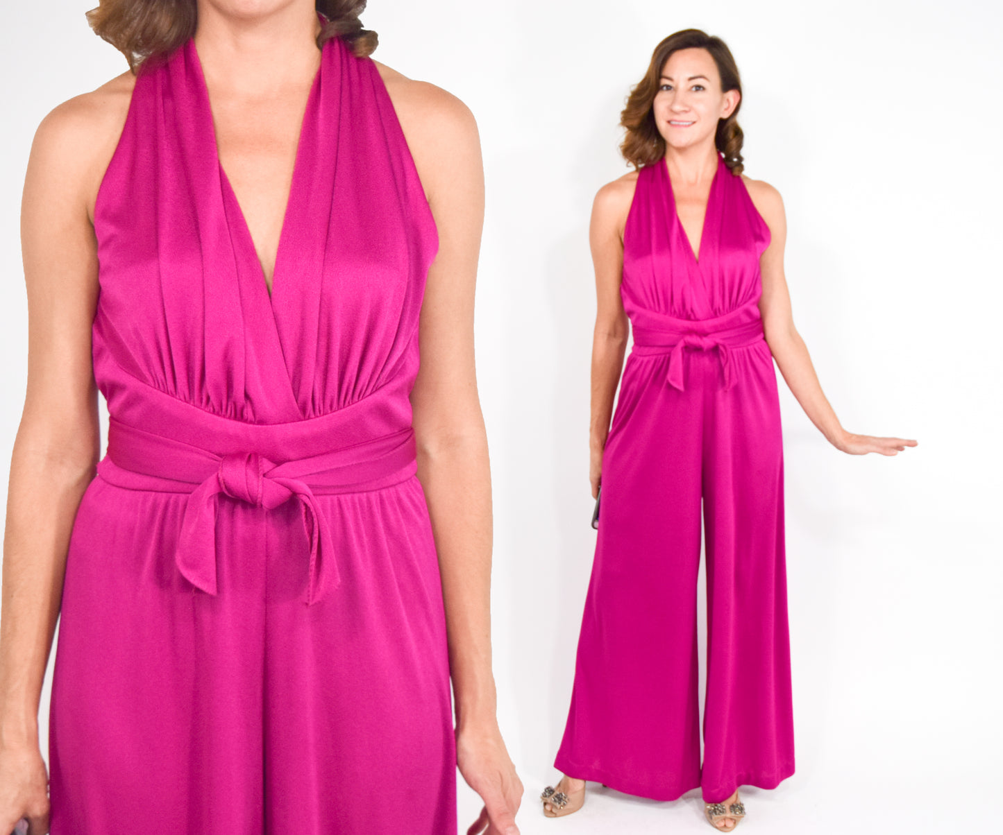 1970s Hot Pink Fuchsia Jersey Jumpsuit, Medium