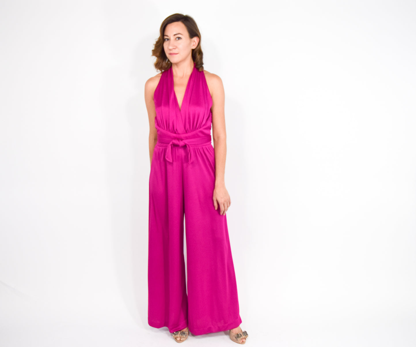 1970s Hot Pink Fuchsia Jersey Jumpsuit, Medium