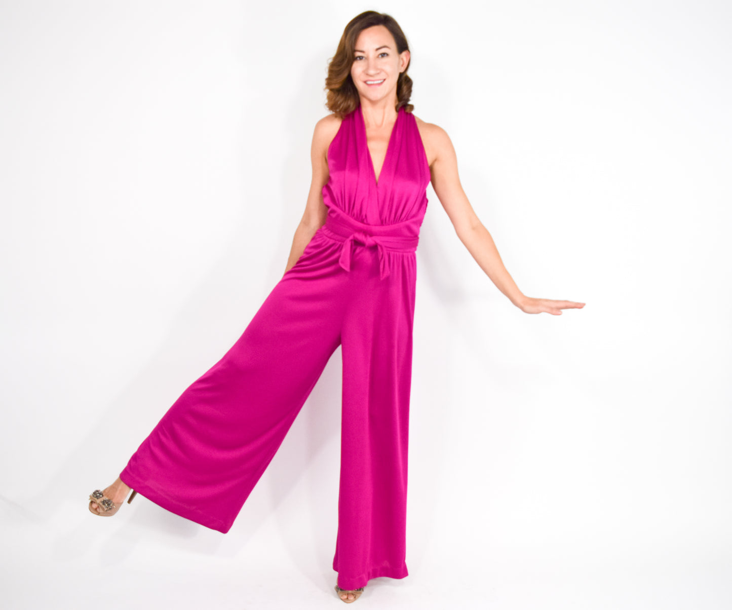 1970s Hot Pink Fuchsia Jersey Jumpsuit, Medium