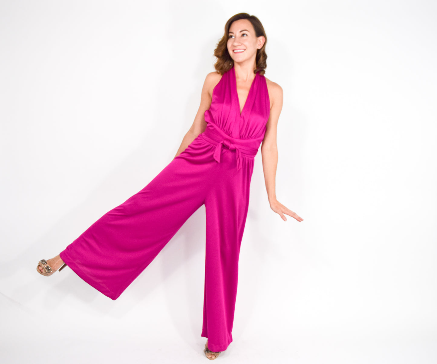 1970s Hot Pink Fuchsia Jersey Jumpsuit, Medium