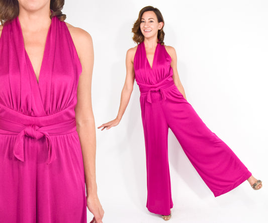 1970s Hot Pink Fuchsia Jersey Jumpsuit, Medium