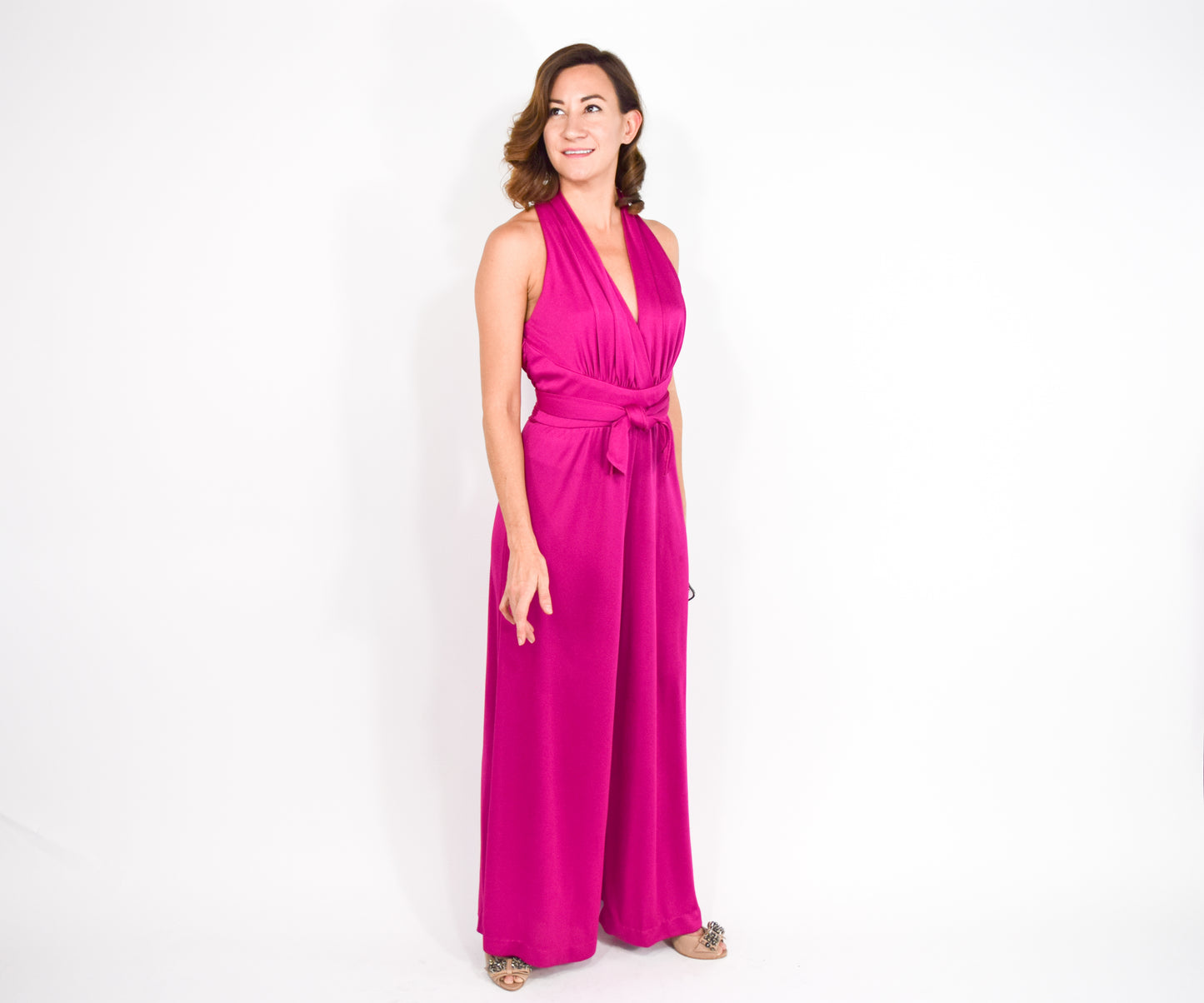 1970s Hot Pink Fuchsia Jersey Jumpsuit, Medium