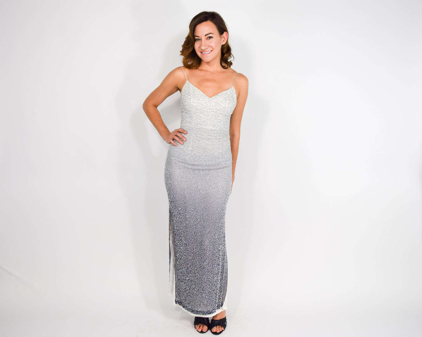 1990s Gray Beaded Evening Dress | Ombre Grey Silk Slip Dress | Extra Small