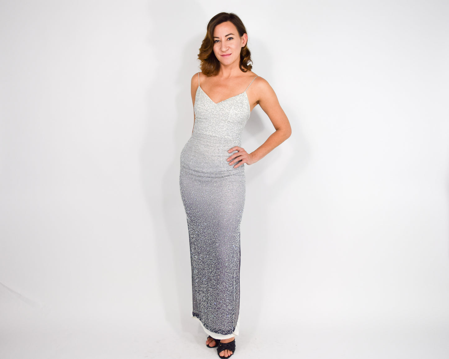 1990s Gray Beaded Evening Dress | Ombre Grey Silk Slip Dress | Extra Small