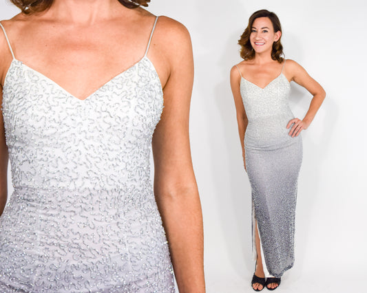 1990s Gray Beaded Evening Dress | Ombre Grey Silk Slip Dress | Extra Small