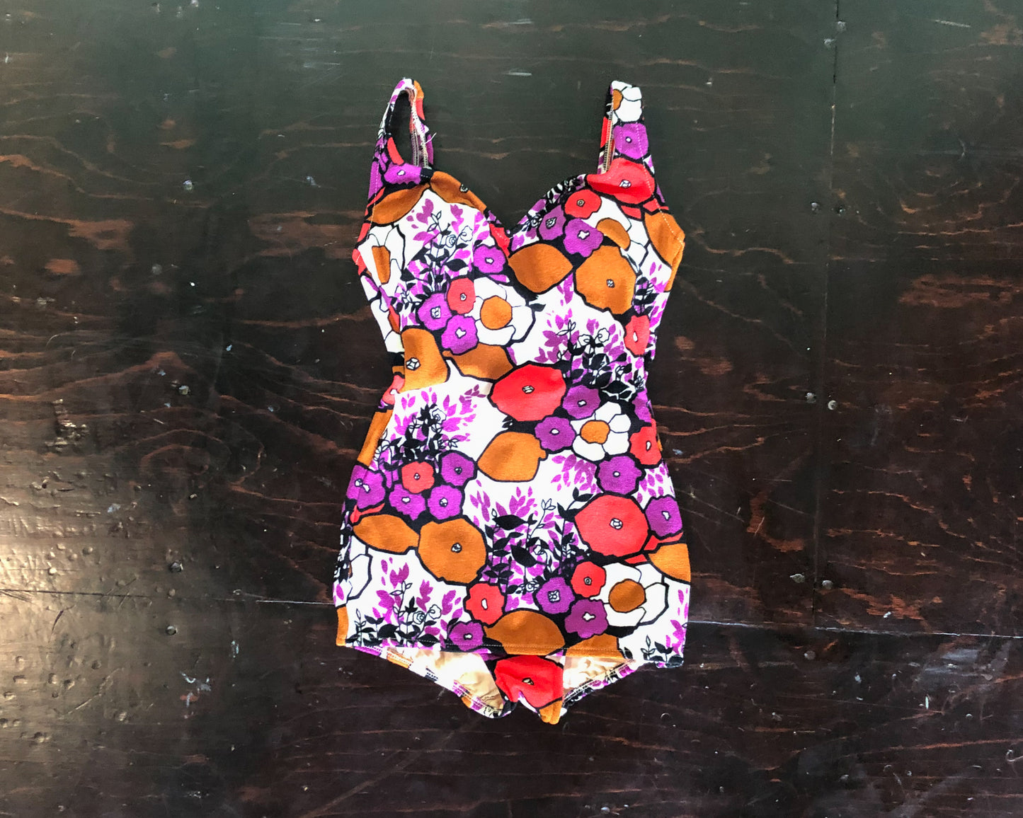 1960s Purple Red Floral Print Swimsuit Small