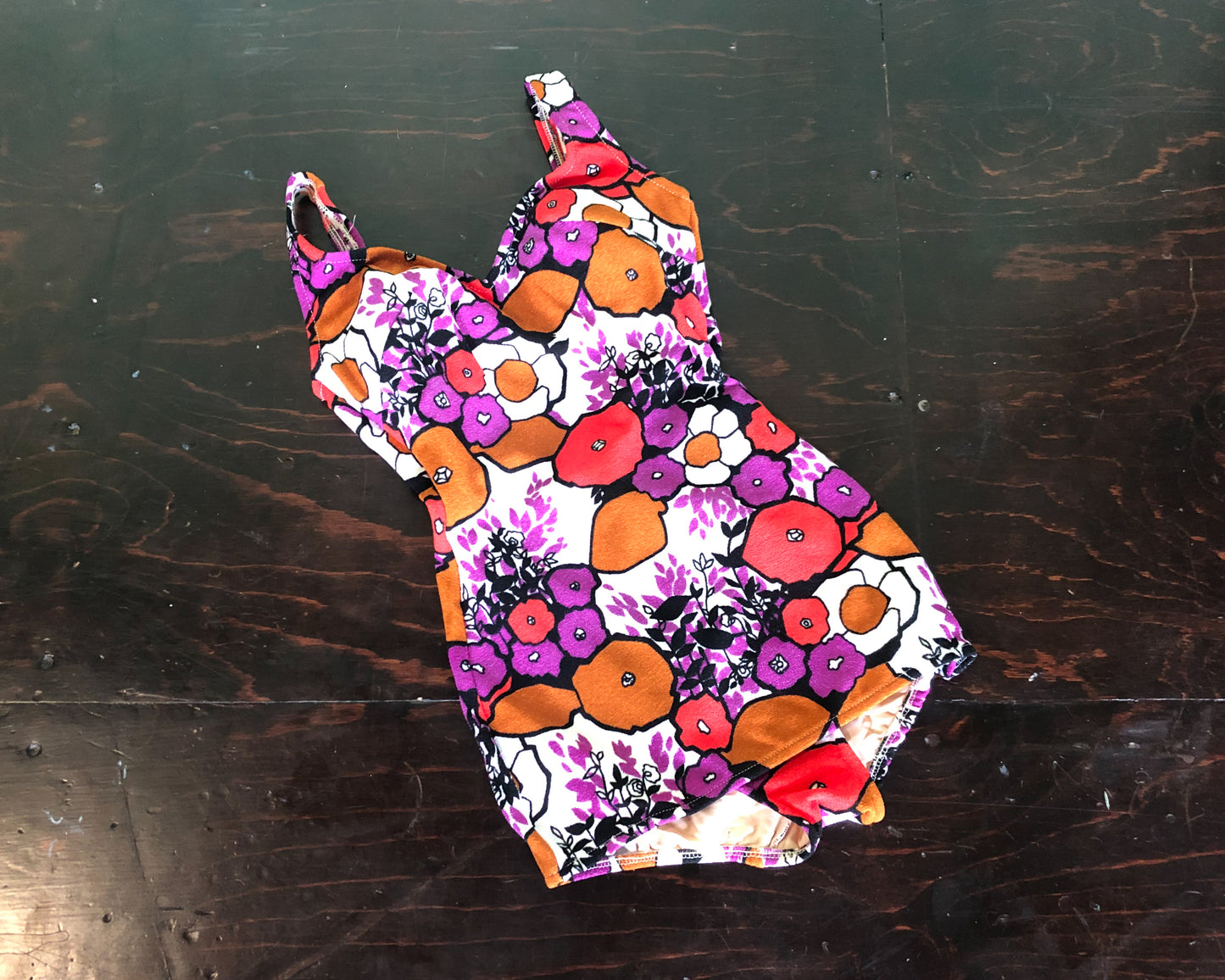1960s Purple Red Floral Print Swimsuit Small
