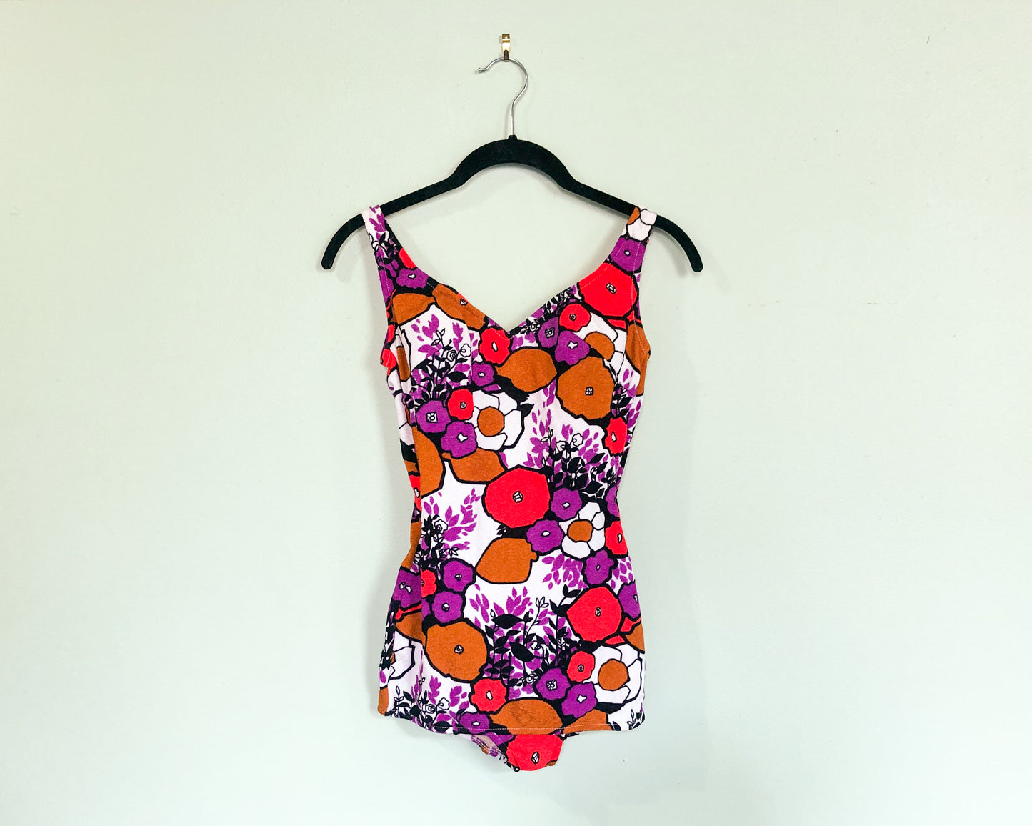 1960s Purple Red Floral Print Swimsuit Small