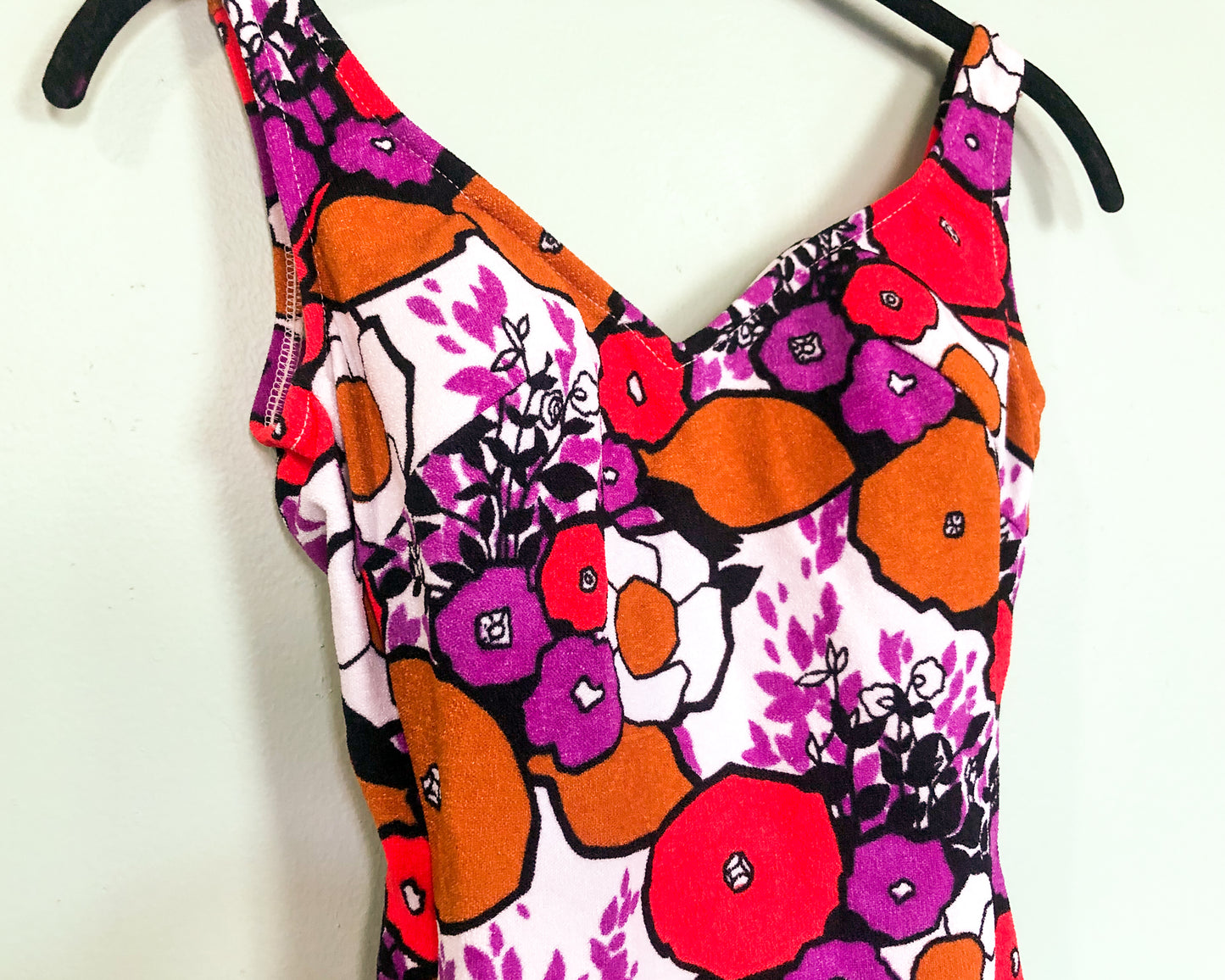 1960s Purple Red Floral Print Swimsuit Small
