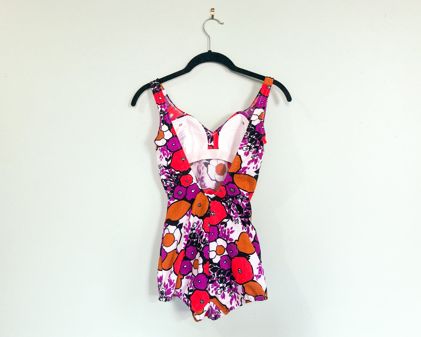 1960s Purple Red Floral Print Swimsuit Small