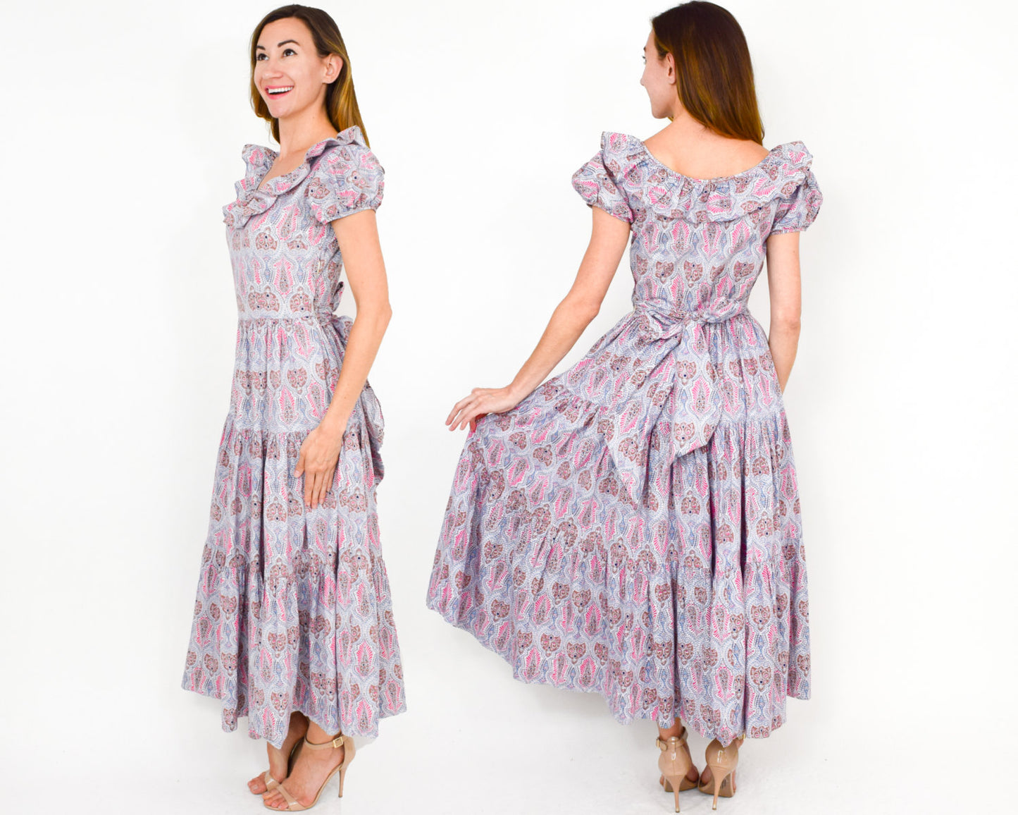 1940s Pink Print Long Dress, Tea Party Dress, XS