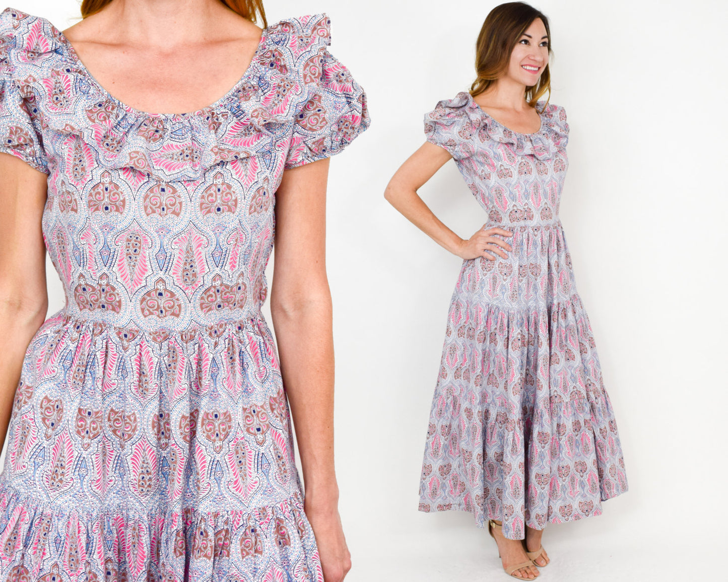 1940s Pink Print Long Dress, Tea Party Dress, XS