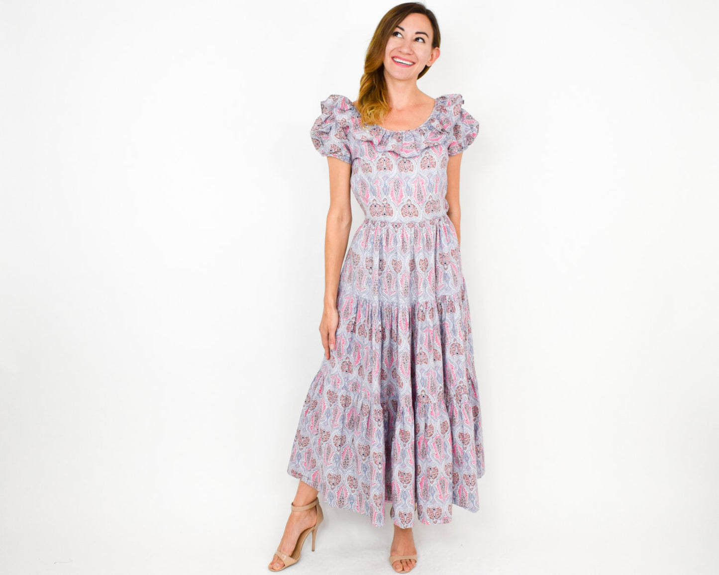 1940s Pink Print Long Dress, Tea Party Dress, XS